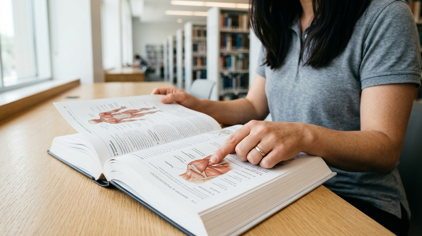 Profissional estudando em livro de anatomia