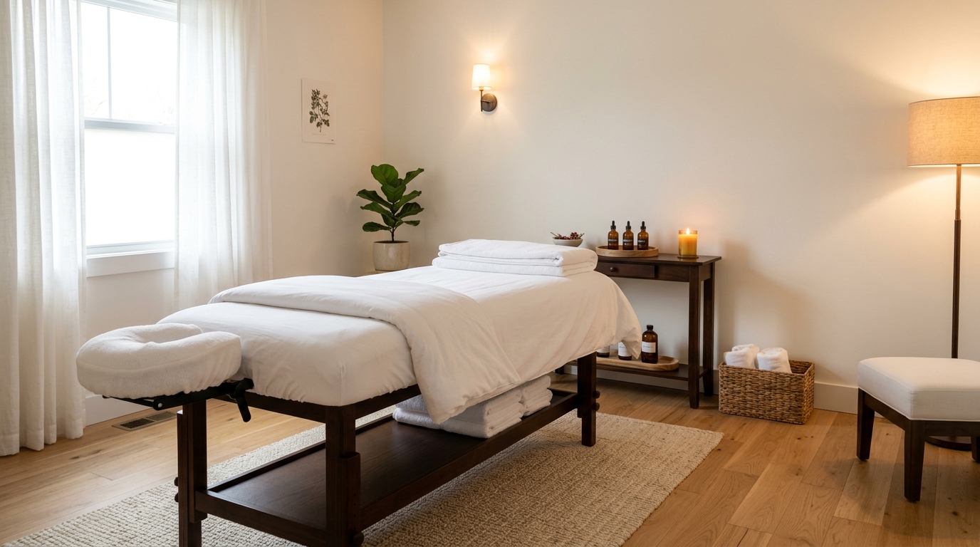 Sala de atendimento de massagem perfeitamente limpa e organizada